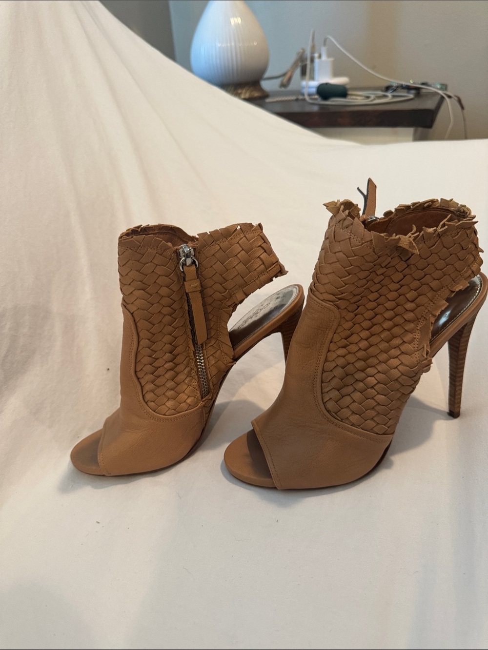 Coach Tan Woven Peep-Toe Stiletto Booties